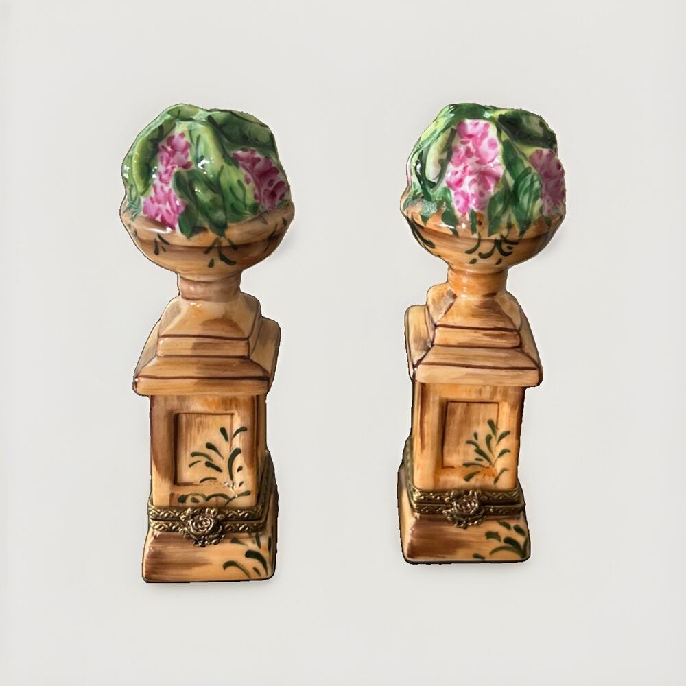 Pair Limoges France Peint Main Topiary Floral Trinket Boxes LE #21 #28/500